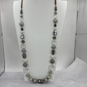 White House Black Market Silver and Clear Bead Long Necklace
